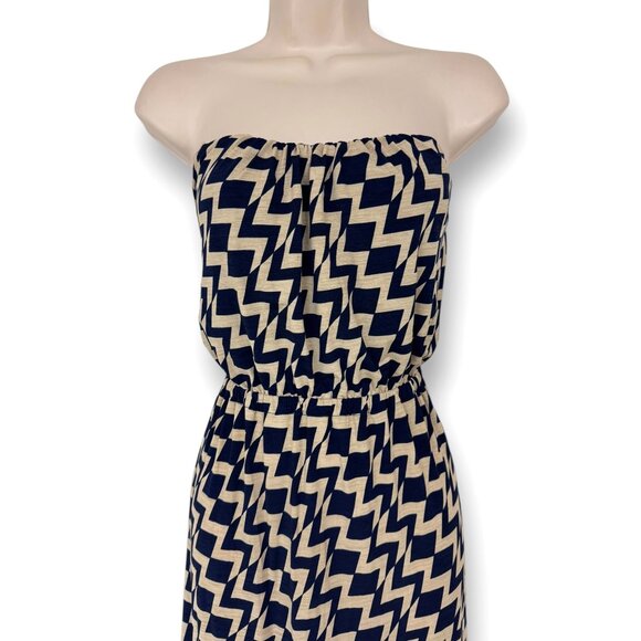 Size Medium NEW NAVY BLUE/TAN GEOMETRIC PRINT STRAPLESS BLOUSON MAXI DRESS - Picture 4 of 6